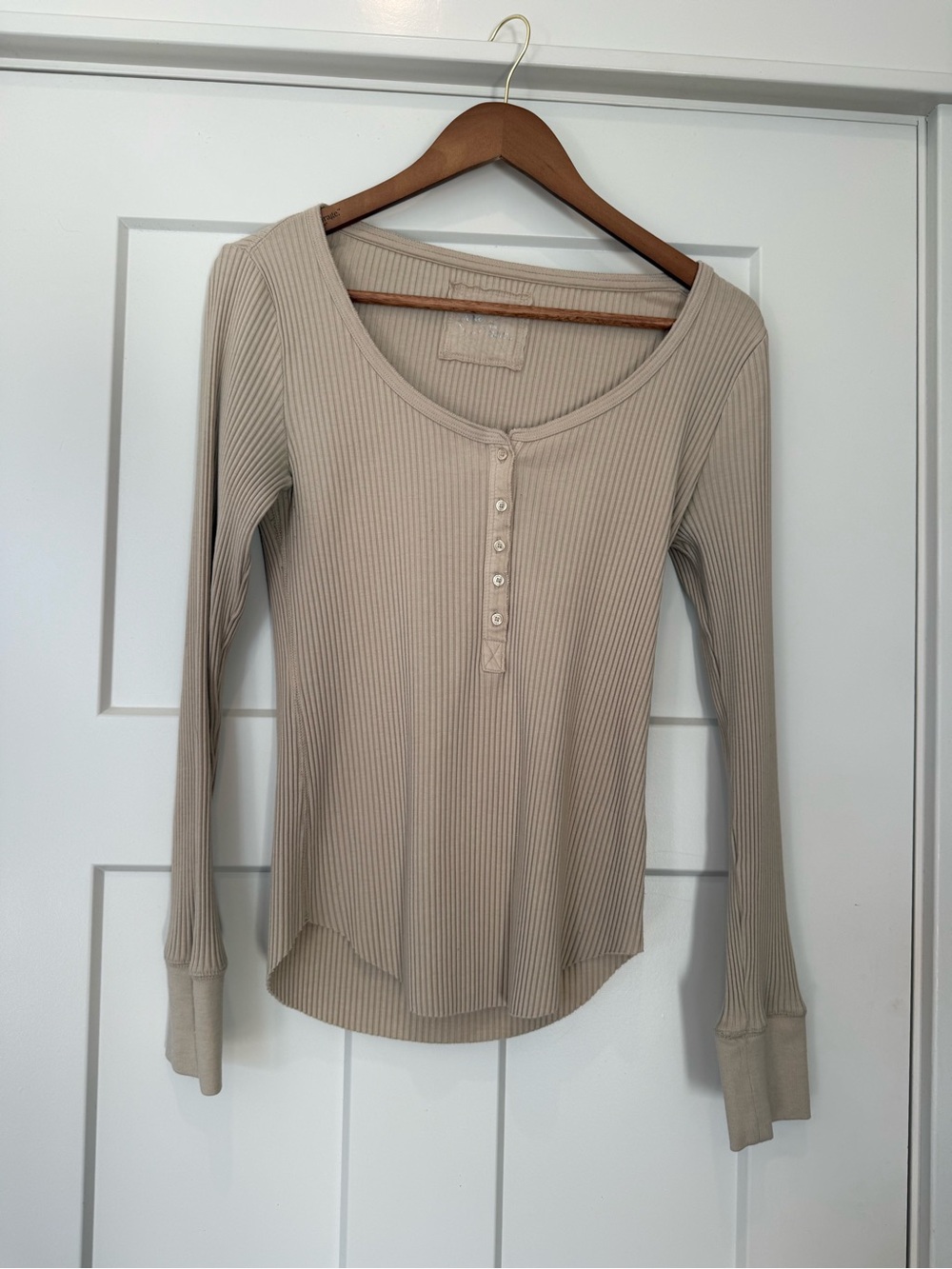 Aerie Ribbed Henley Long Sleeve Top - Light Tan - Size L